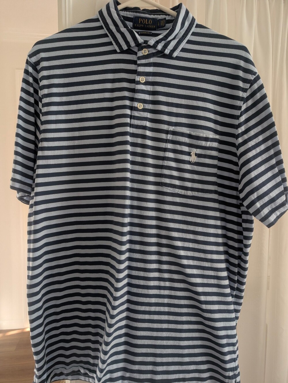 Men's Polo by Ralph Lauren Men’s Navy & Light Blue Stripe Polo Shirt-Size: Large